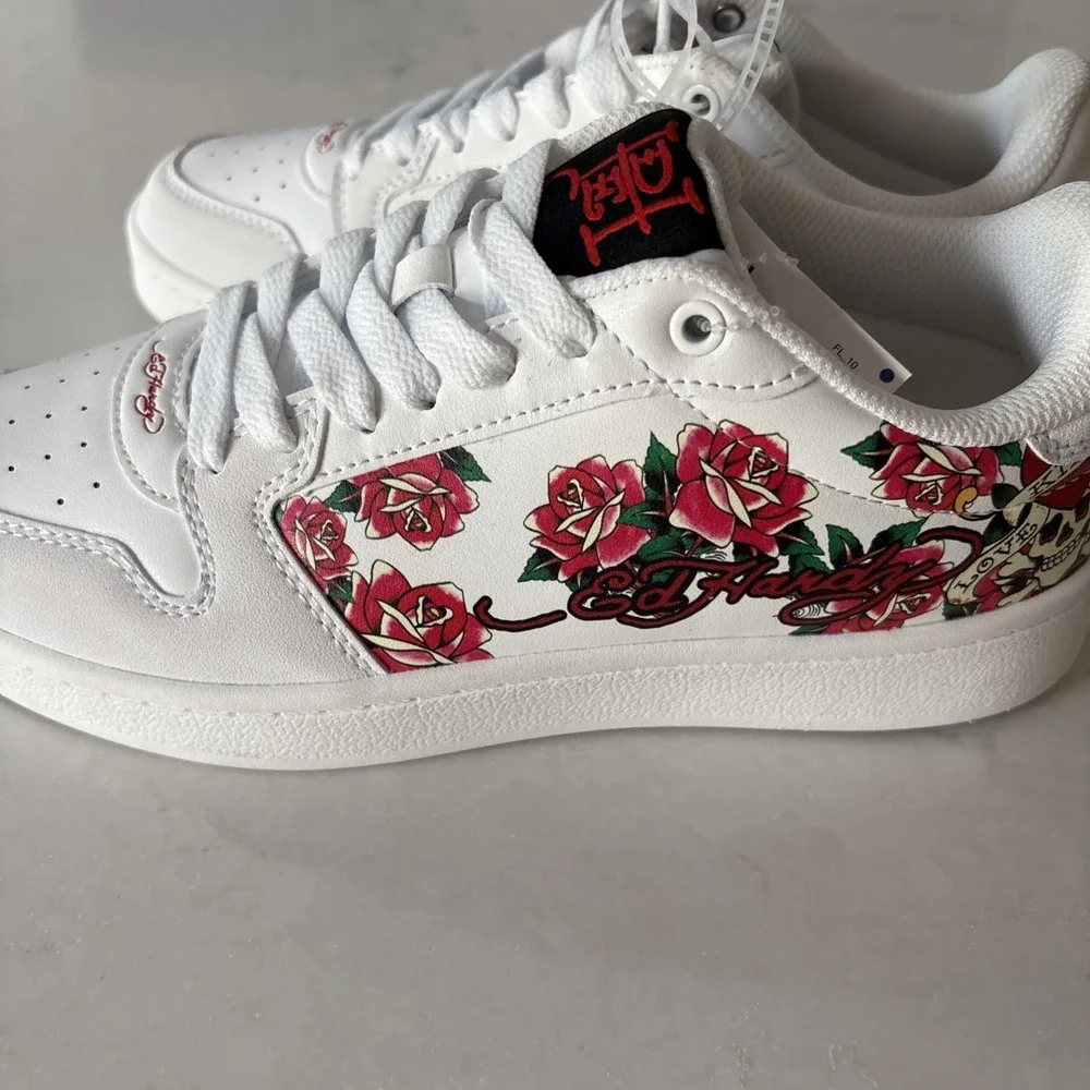 Ed Hardy Women's White Court Sneakers Red Rose Tattoo Graphic 7.5 Skater Shoes